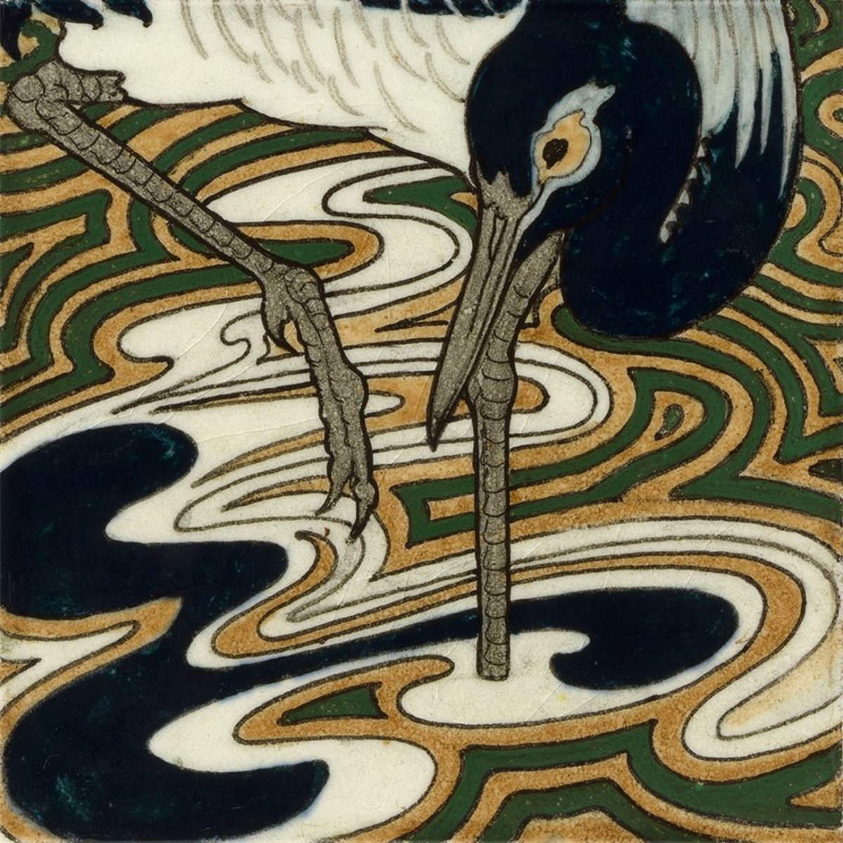 Estampe japonaise kawara héron  Tile with Heron III marron, THE DYBDAHL CO