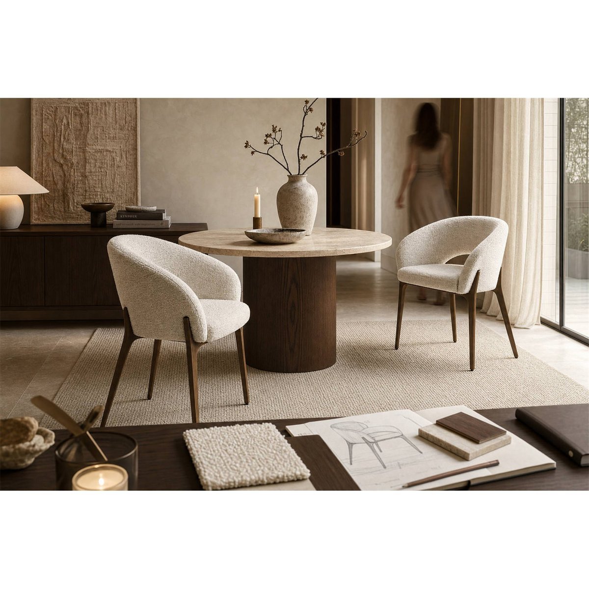 Chaise de salle à manger enveloppante beige naturel linéaire et piètement bronze, RECOLLECTION