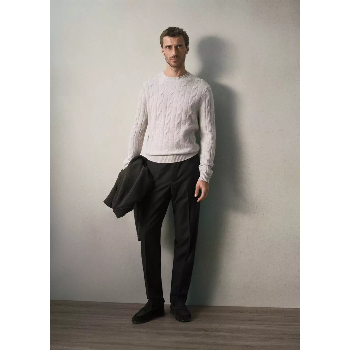 Pull-over laine maille tressée beige, MANGO MAN