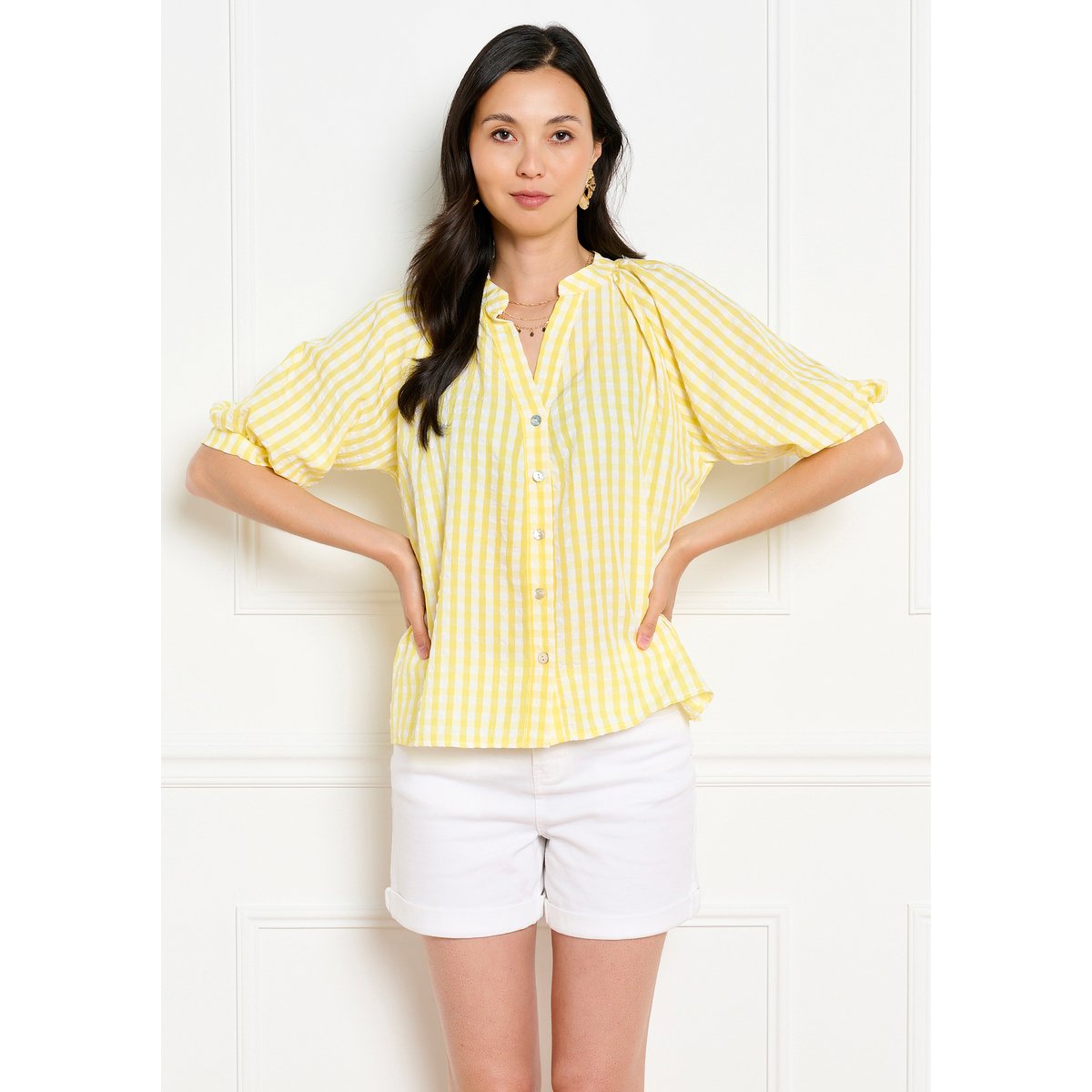 Blouse col tunisien à carreaux jaune soleil, LOLALIZA
