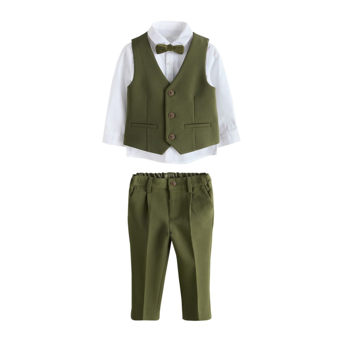 Ensemble gilet, chemise, pantalon et papillon vert olive, NEXT