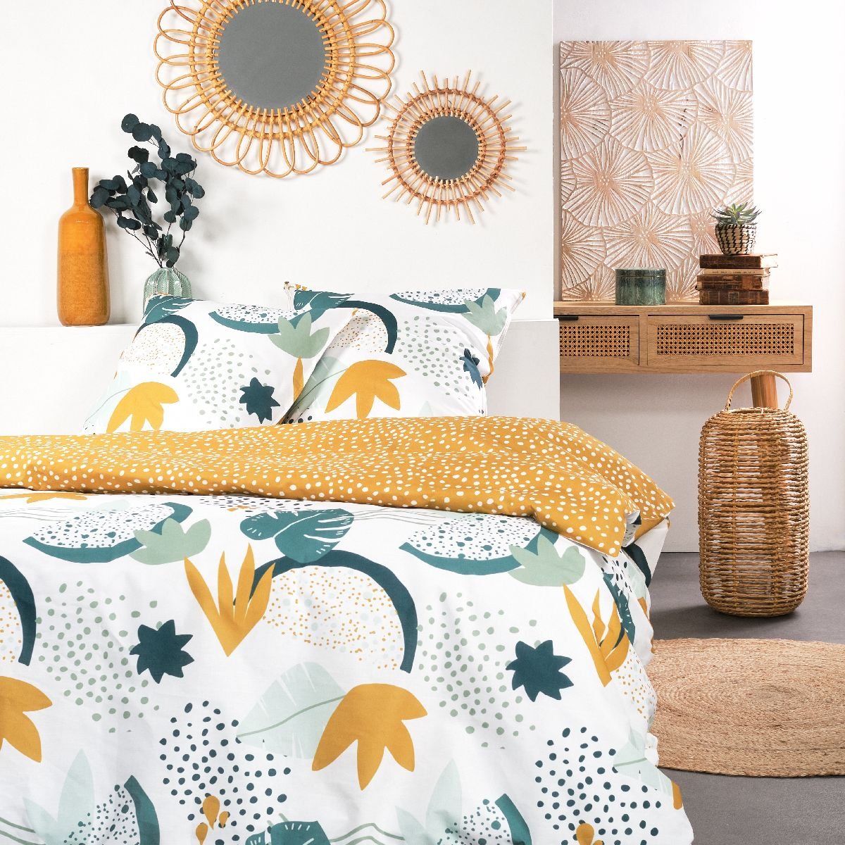 Parure de lit imprimé Pois coton SUNSHINE CHARLINE jaune, TODAY