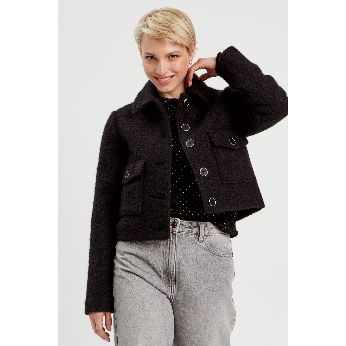 Veste bouclette boutonnée noir, CACHE CACHE