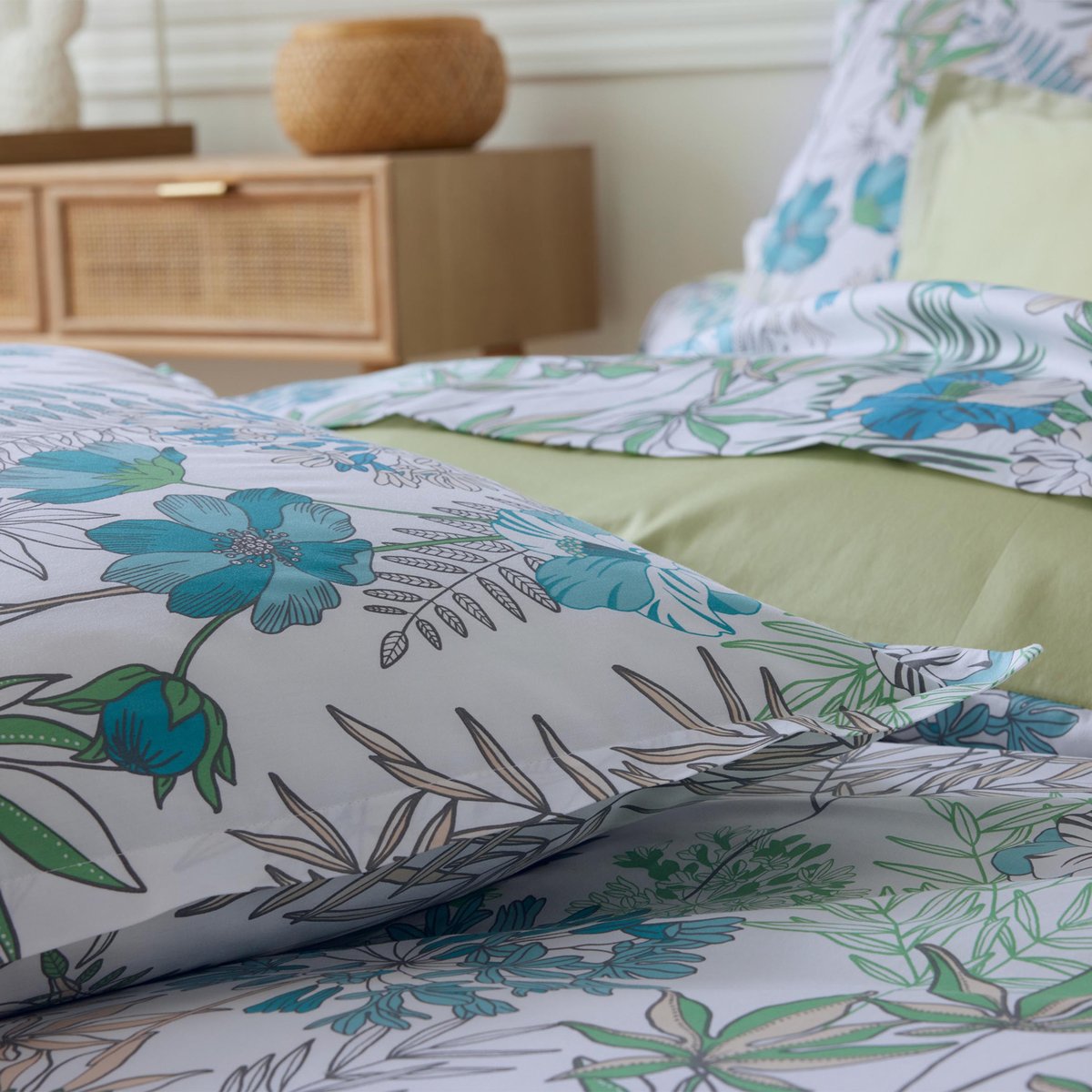 Parure de lit 2 pièces satin de coton végétal housse + taie bleu, TRADILINGE