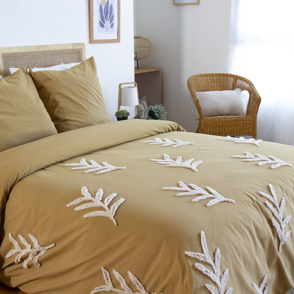 Parure de lit - housse de couette avec taies en coton tufté beige, EDEN