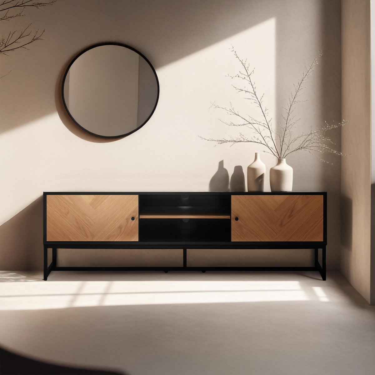 Meuble TV noir et bois plaqué chêne 160 cm, MARCEAU noir, OVIALA