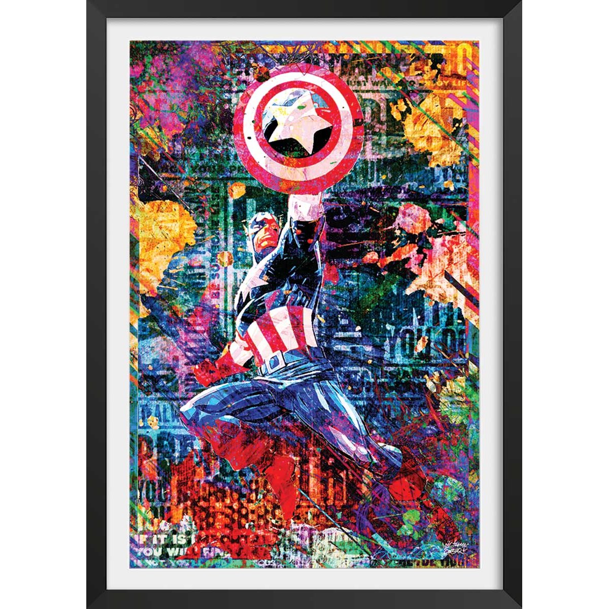 Affiche graffiti captain america affiche + cadre en bois - noir, HEXOA