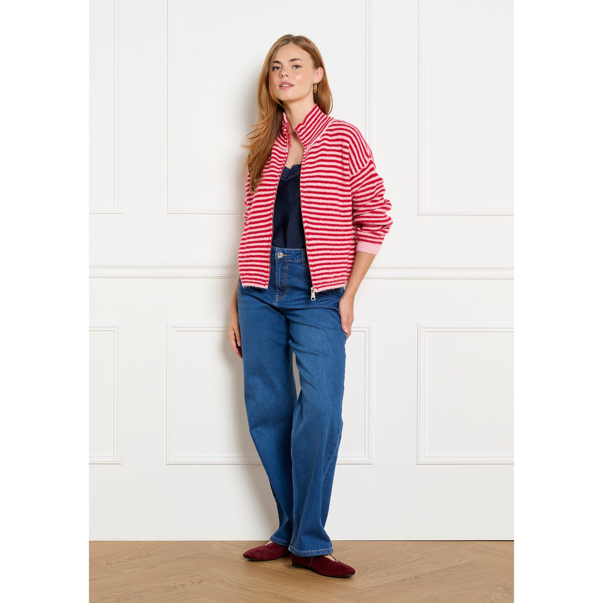 Cardigan zippé à rayures rouge, LOLALIZA