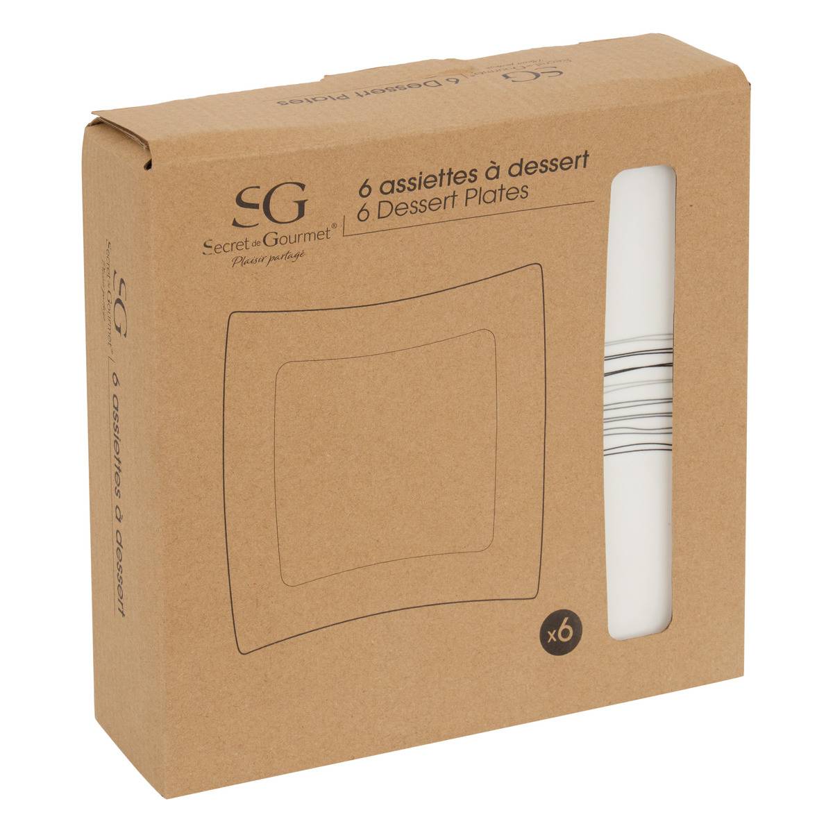 Lot de 6 assiettes à dessert carrées en céramique LIGNES blanc, SECRET DE GOURMET