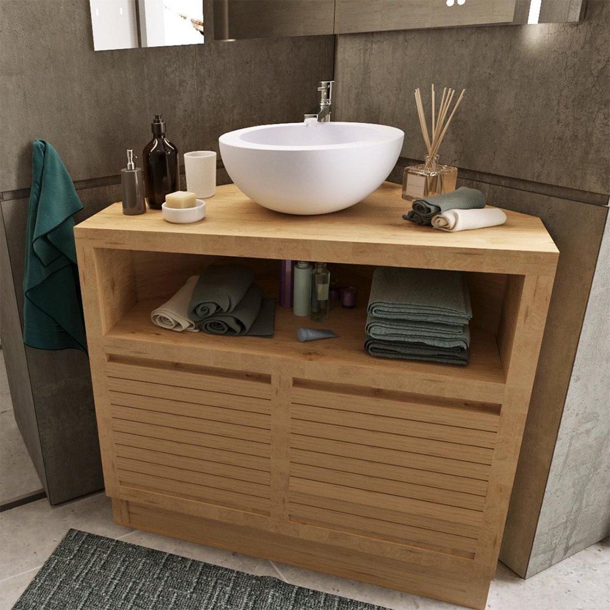 Meuble sous vasque à poser d'angle en teck 85 cm - Corner naturel, WILDWATER