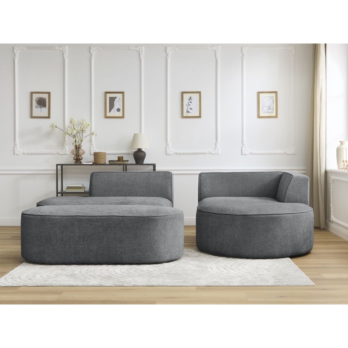 Canapé d'angle fixe 5 places en tissu texturé avec pouf, ROUSSEAU gris foncé, BOBOCHIC