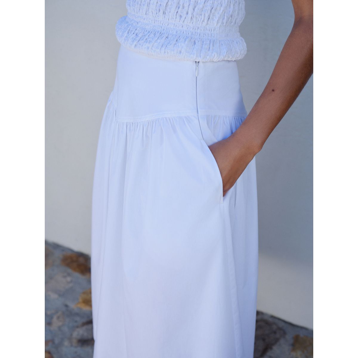 Jupe midi en popeline à taille tombante blanc, NEXT