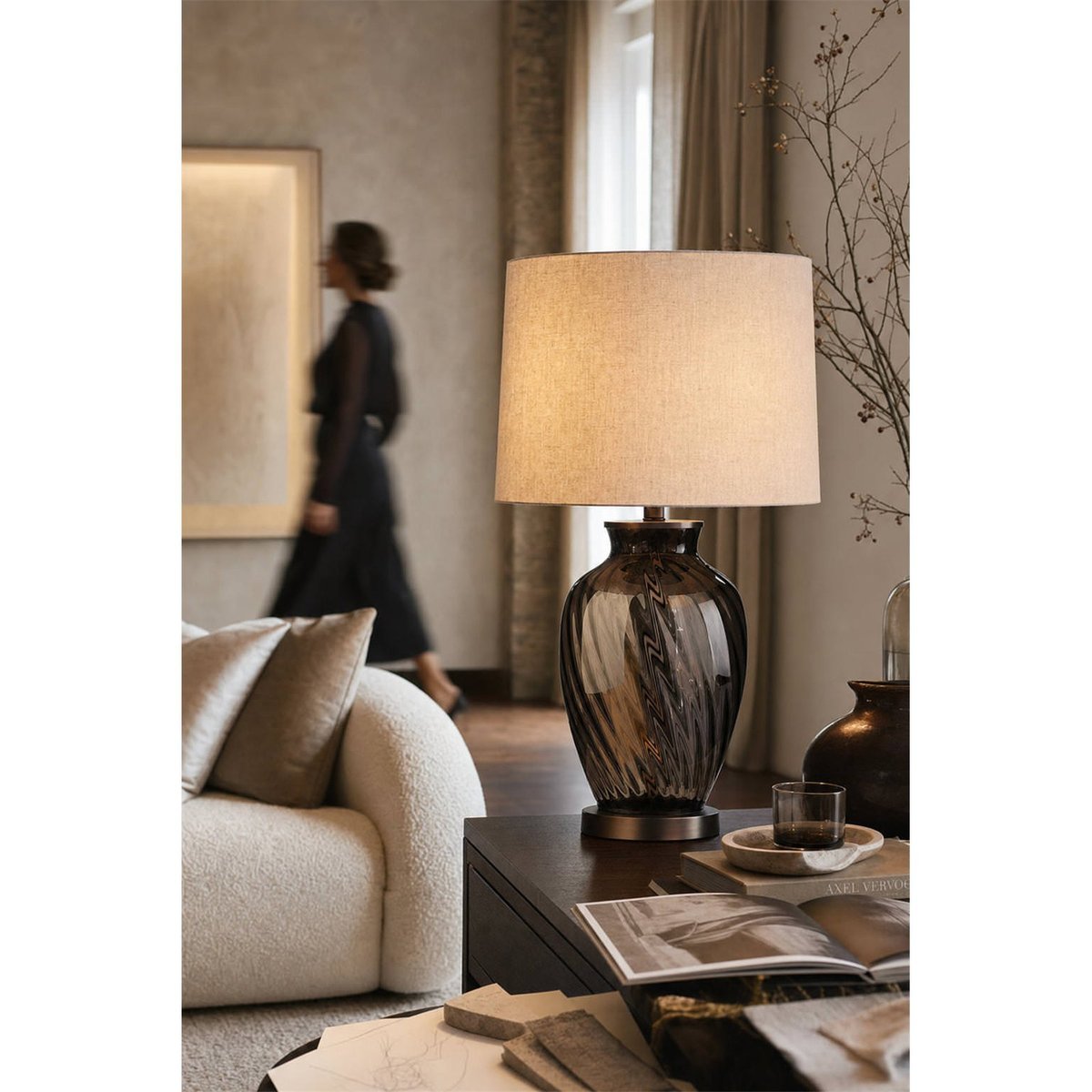 Lampe à poser en verre, Abat-jour en lin fumé et beige naturel, RECOLLECTION