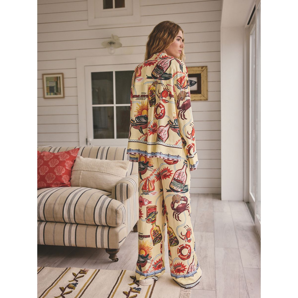 Pyjama boutonné en lin et viscose jaune, NEXT