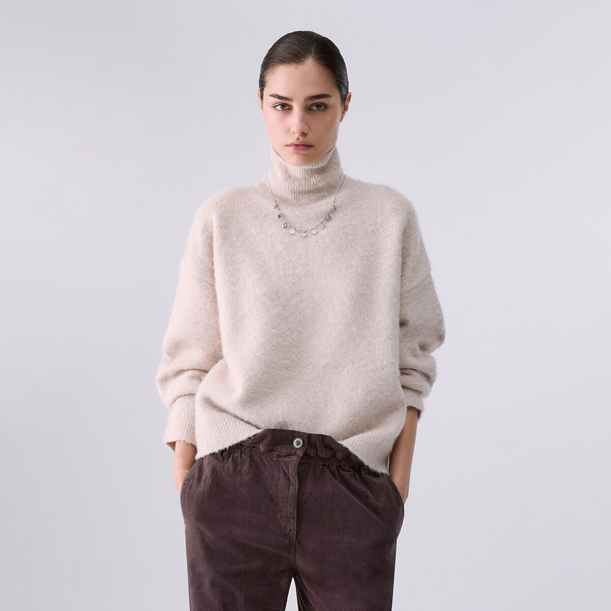 Pull col roulé en laine brossée beige, LIU JO