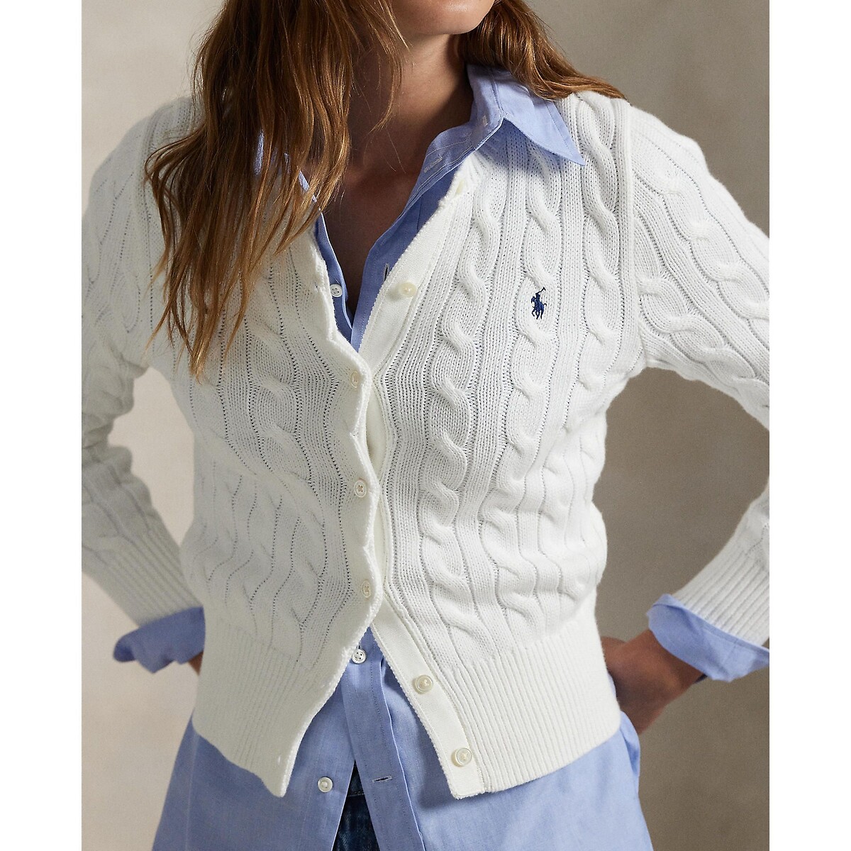 Cardigan à col rond et à manches longues, en maille torsadée blanc, POLO RALPH LAUREN
