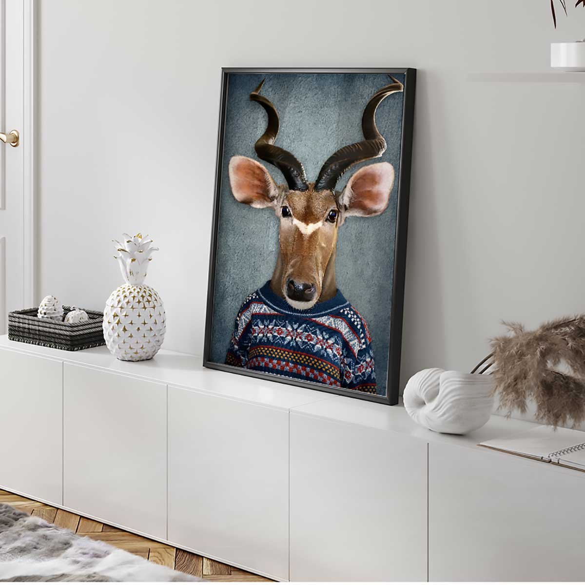 Affiche encadrée antilope élégante au pull graphique affiche + cadre en métal - noir, HEXOA