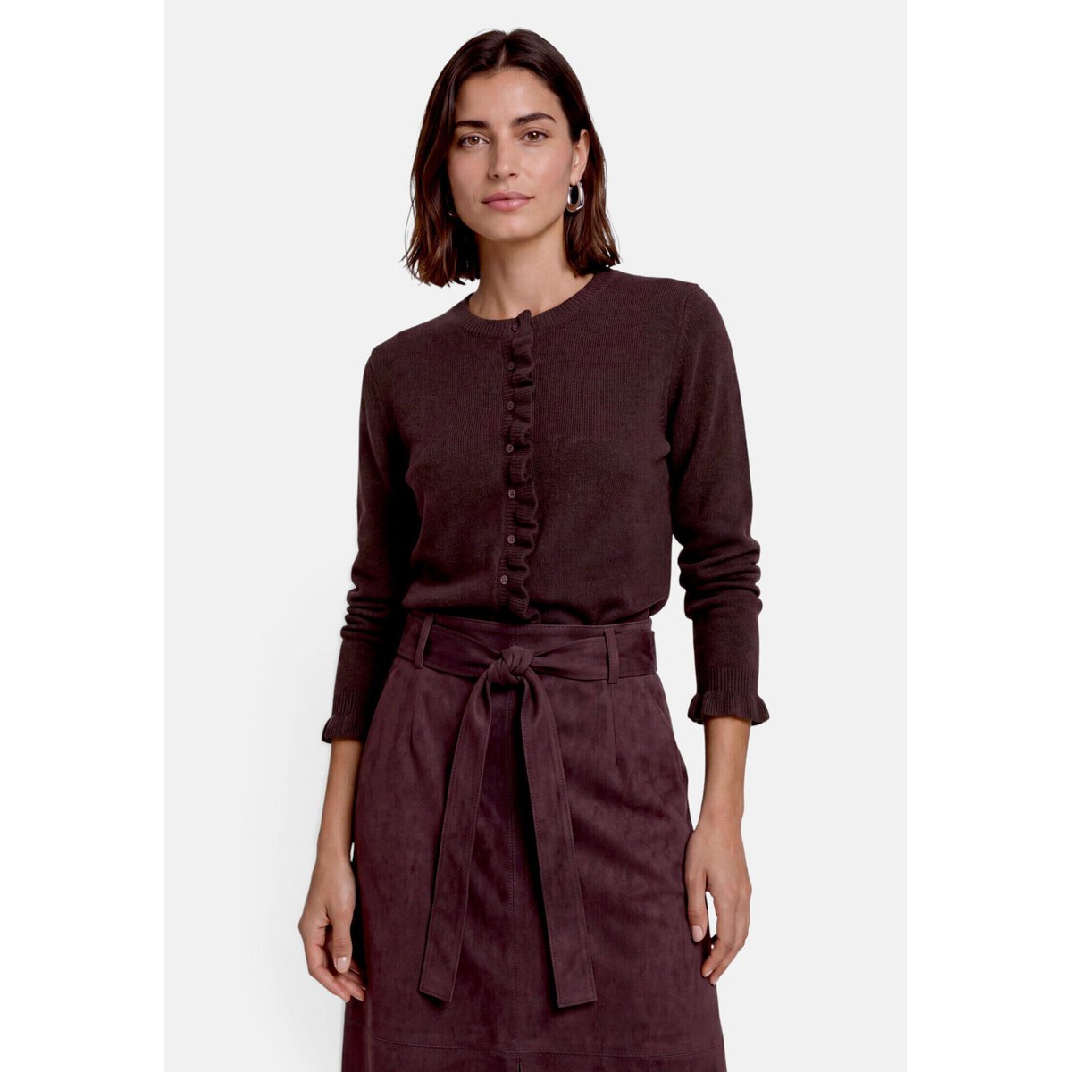 Cardigan en maille à ruches dark brown melange, ZERO
