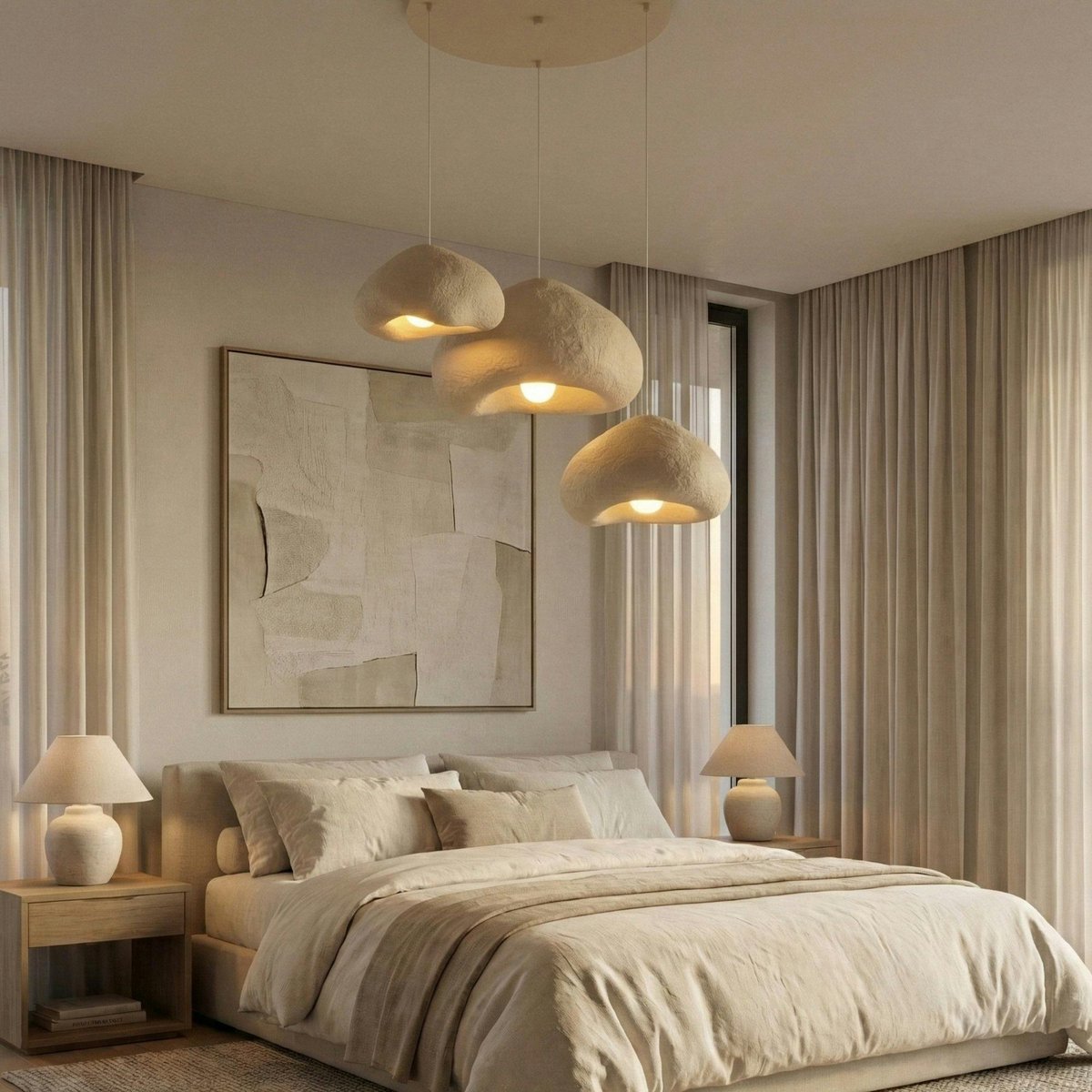 Suspension beige design organique 3 abat-jour NOXIS beige, PIER IMPORT