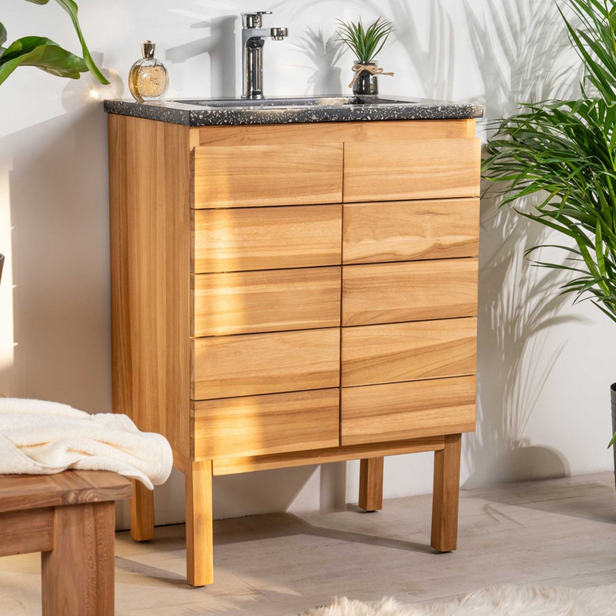 Meuble salle de bain en teck et terrazzo noir Ananta 60cm noir, WANDA COLLECTION