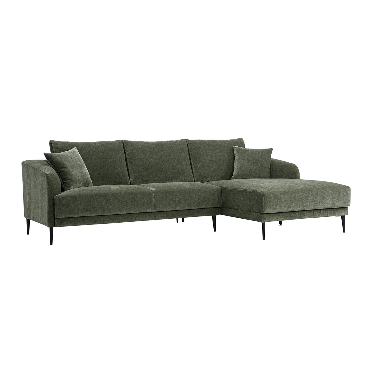 Canapé d'angle droit 3 places en tissu effet velours texturé vert kaki et métal noir JERRY kaki, MILIBOO