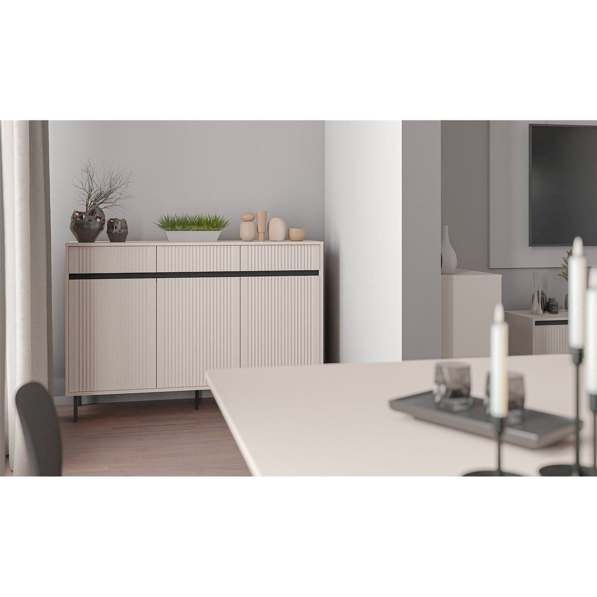 Commode bois collection OSAKA fronts rainurés beige sable et noir, RECOLLECTION