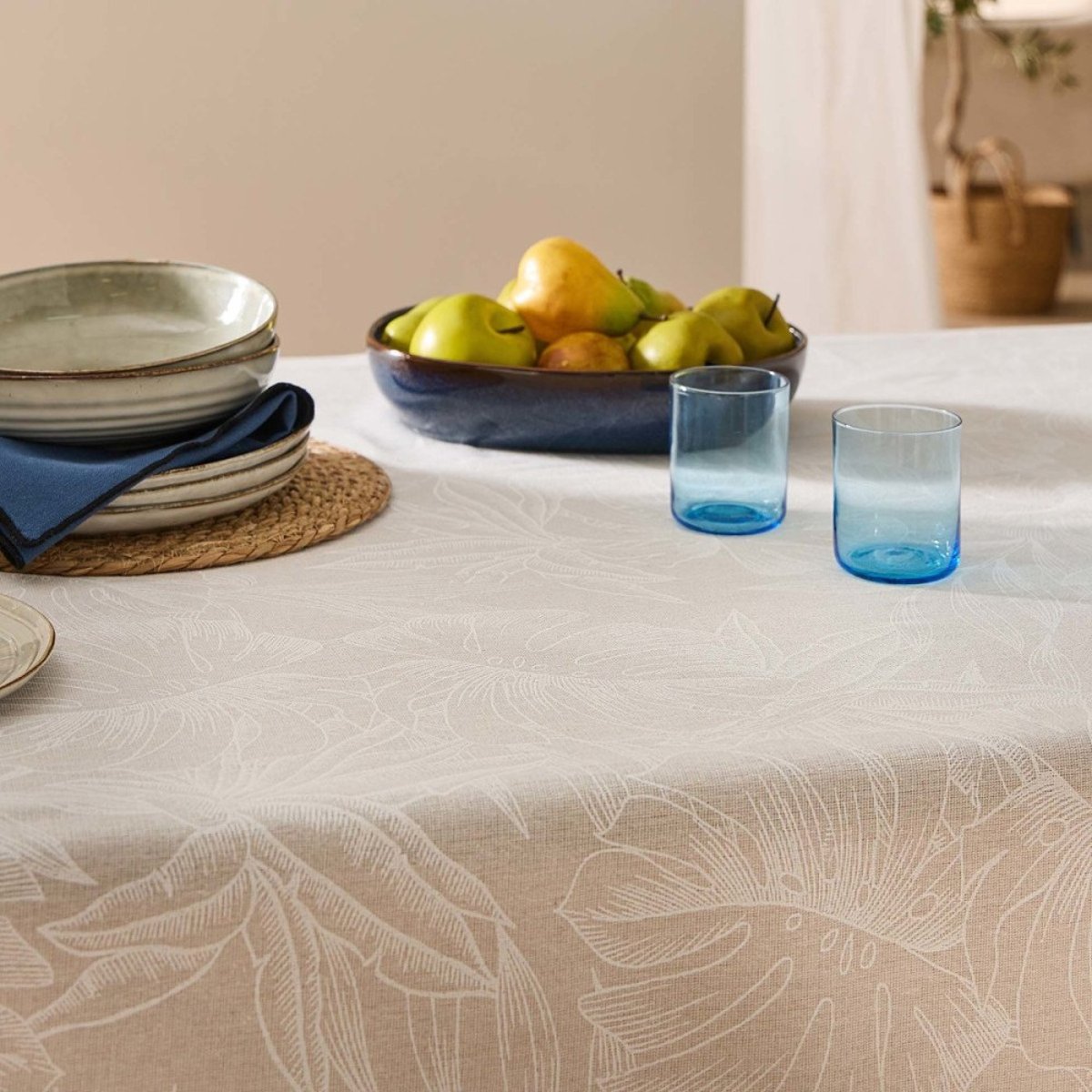 Nappe Rectangulaire 140x240 Imprimé Effet Lin Lorenza beige, DECORATIE