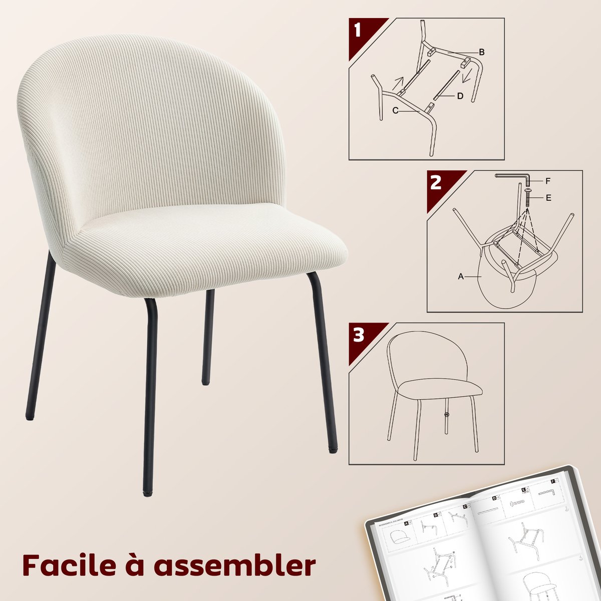 Chaise de salle à manger Velours côtelé (70 % crème, HOMCOM