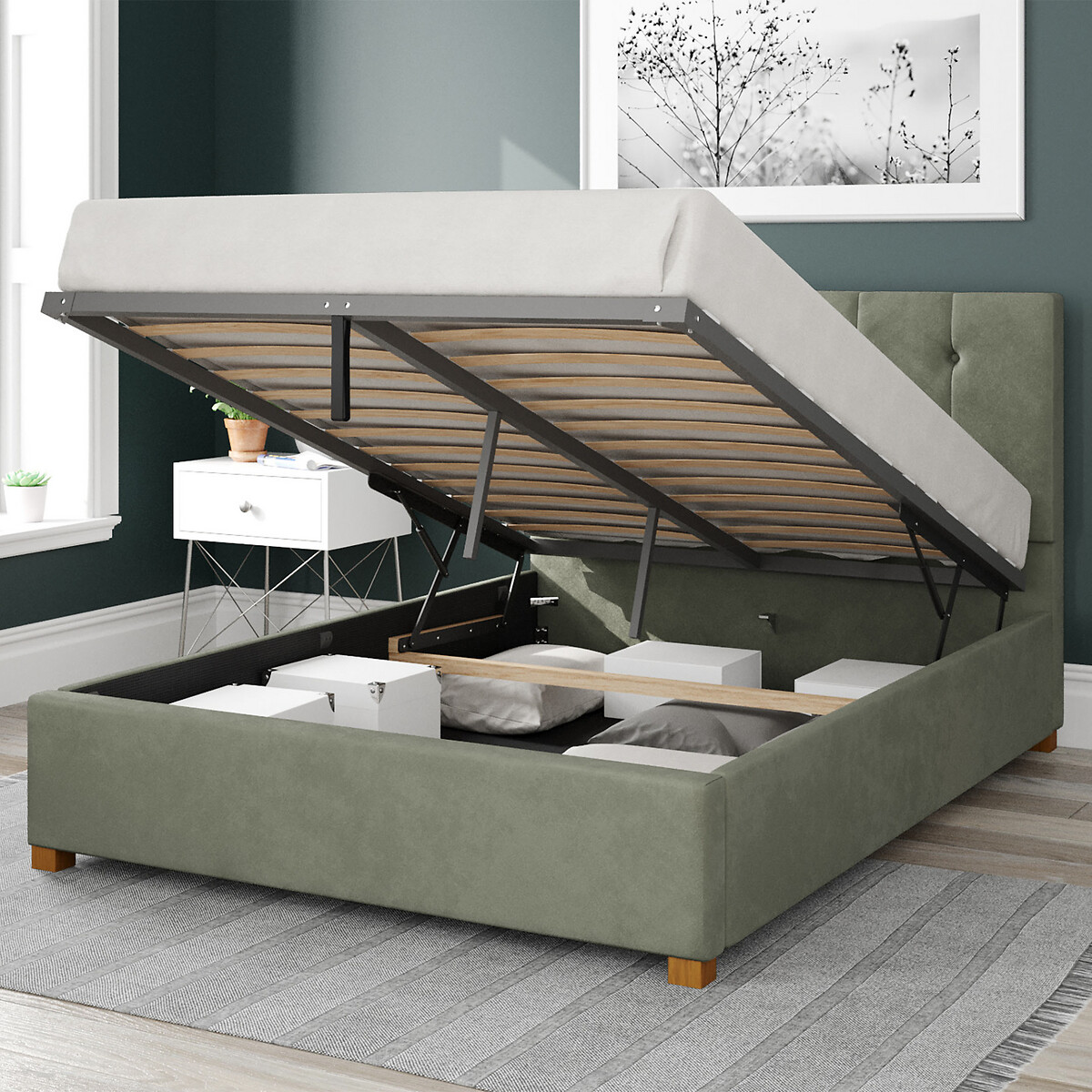Hepburn Plush Velvet Storage Ottoman Bed with Vertical Buttoned Upholstered Headboard duck egg blue, ASPIRE