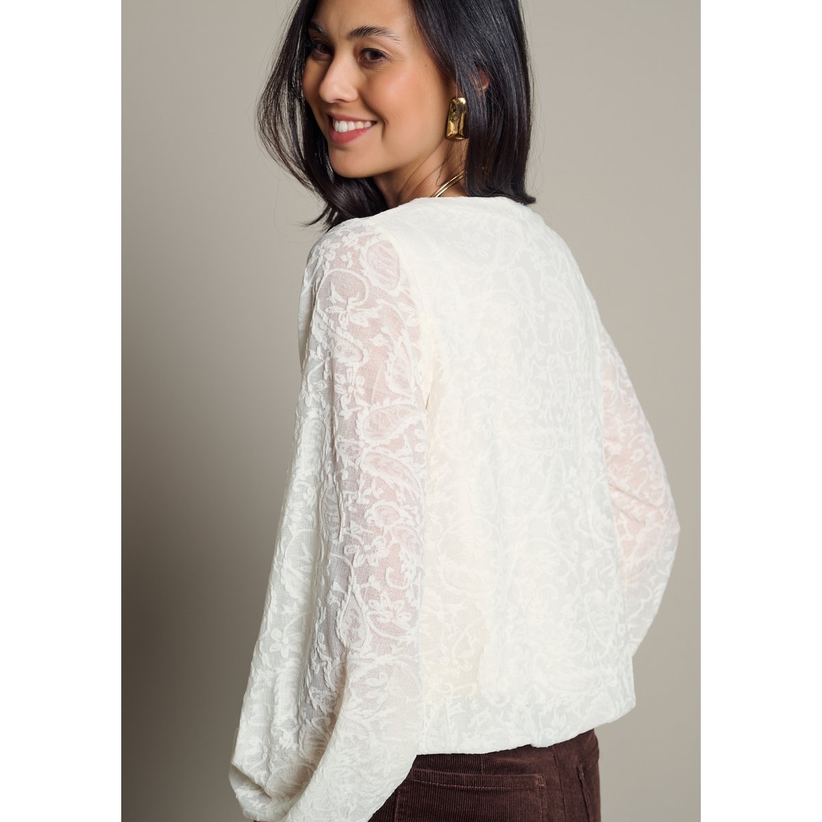T-shirt texturé à manches longues blanc vanille, LOLALIZA