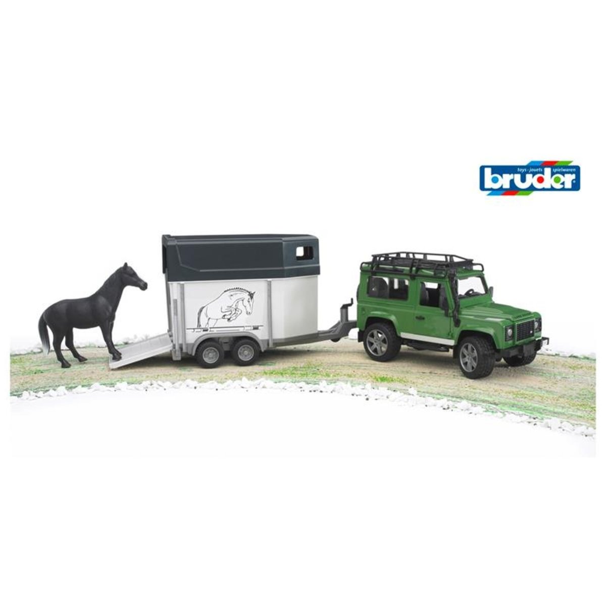 Land Rover Defender avec van pour chevaux et 1 cheva multicolore, BRUDER