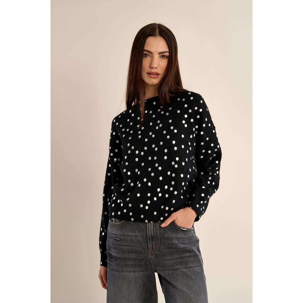 Pull col bateau, motif pois black / silver, MOLLY BRACKEN