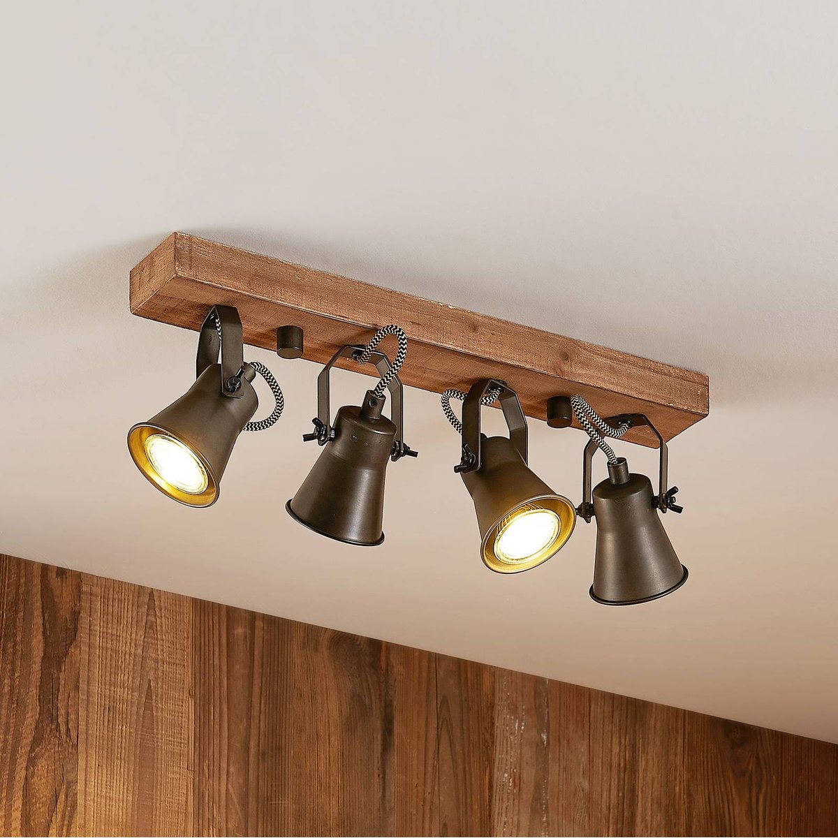 Projecteur halogène en bois vintage marron, noir, LINDBY
