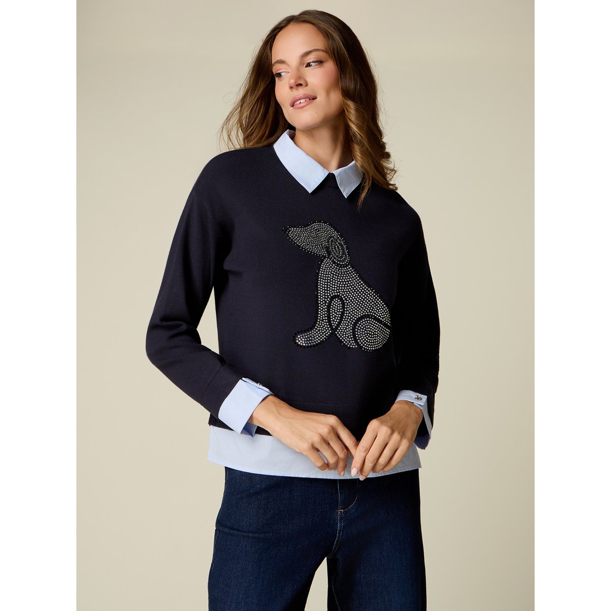 Pull avec détails chemise et cristaux bleu, OLTRE