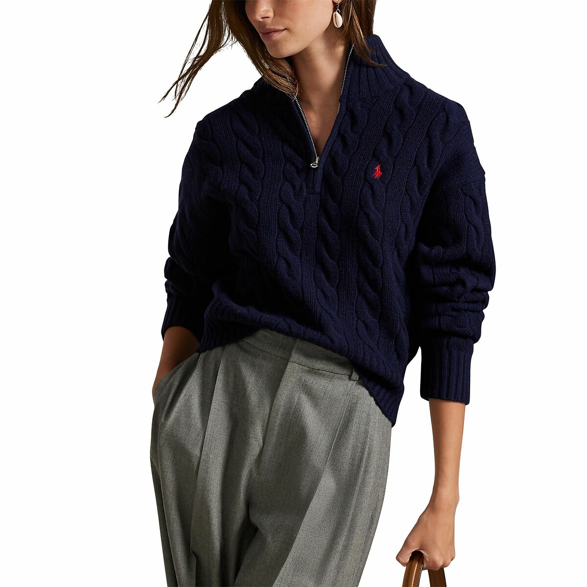Pull col zippé en maille torsadée, 80% laine 20% cachemire marine, POLO RALPH LAUREN