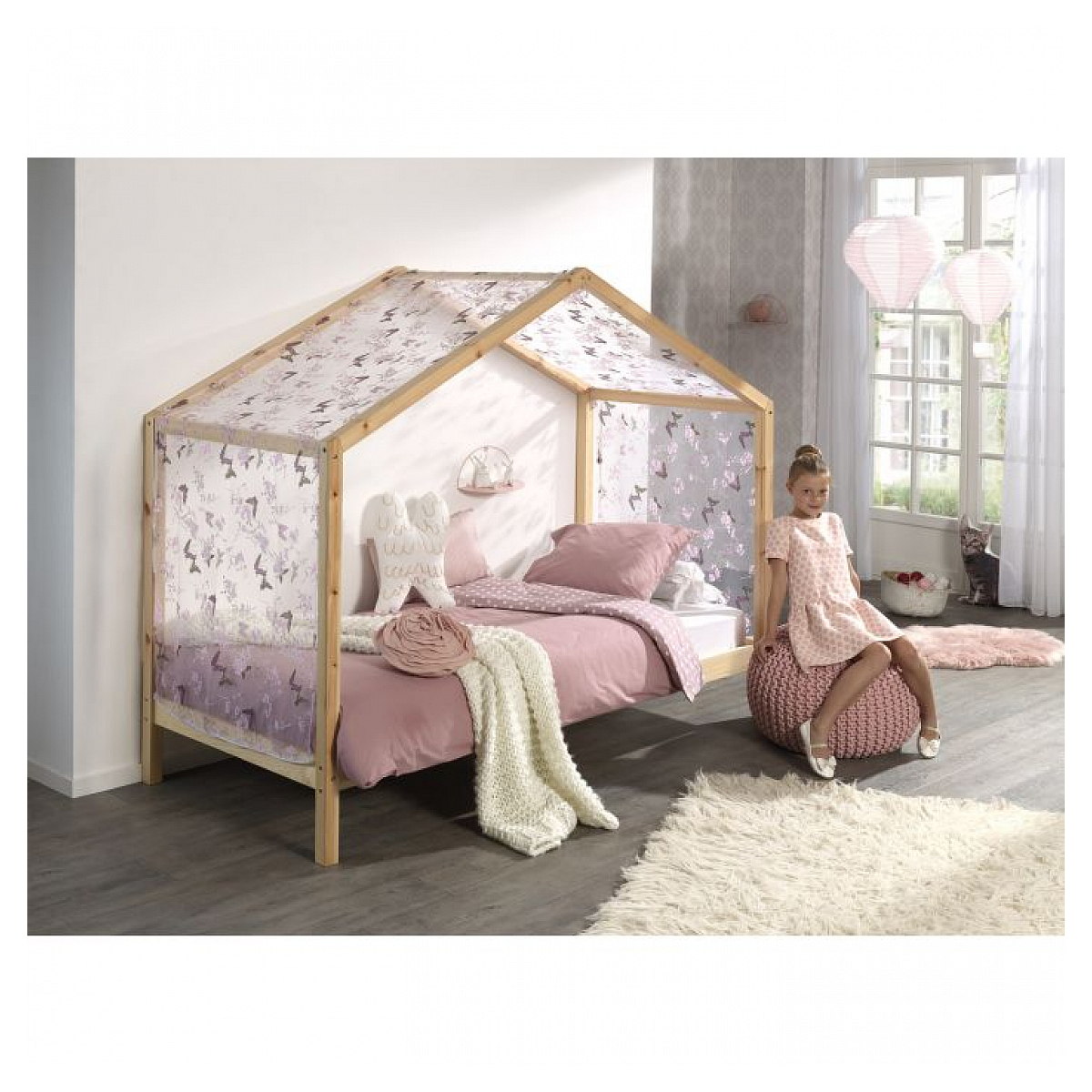Dallas Lit cabane Naturel + Tente textile Papillon couleur unique, VIPACK