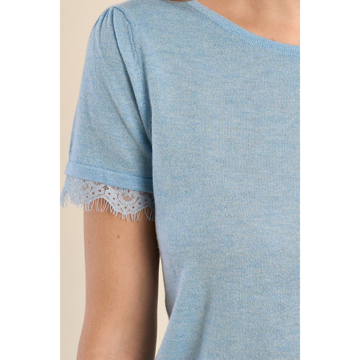 T-shirt en jersey, manches en dentelle bleu, MOLLY BRACKEN