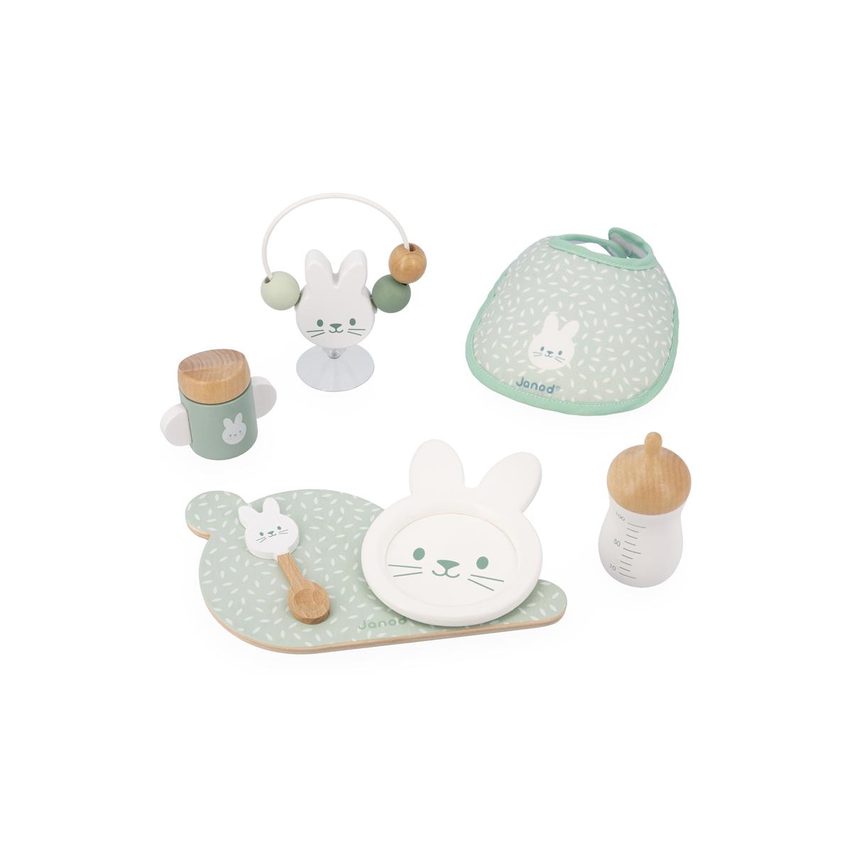 Set repas Zen en bois pour poupon vert d'eau, blanc, bois, JANOD