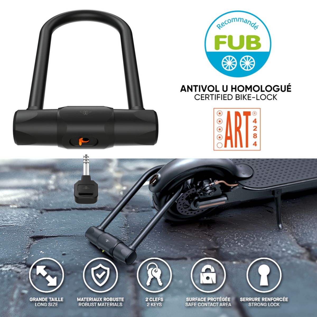 Antivol en U certifié Fub 2 roues Noir noir, CASR