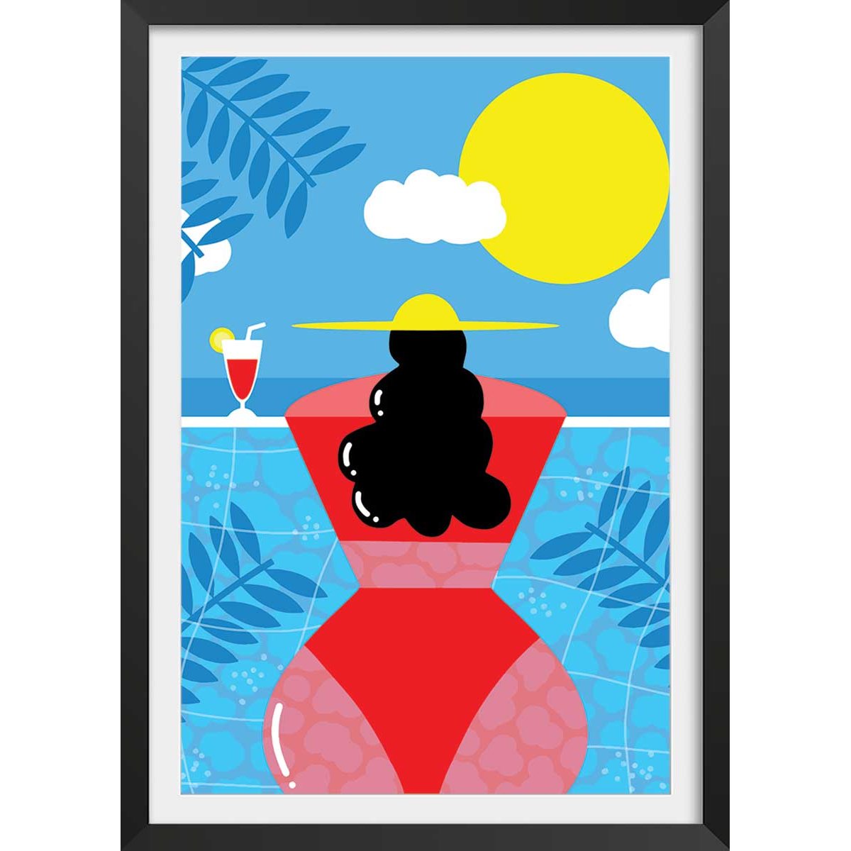 Affiche femme au bord de la piscine affiche + cadre en bois - noir, HEXOA
