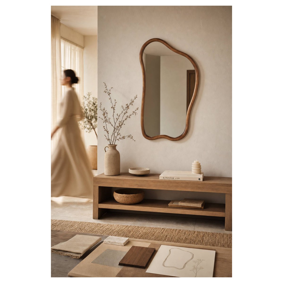 Miroir organique en bois de bouleau brun, RECOLLECTION