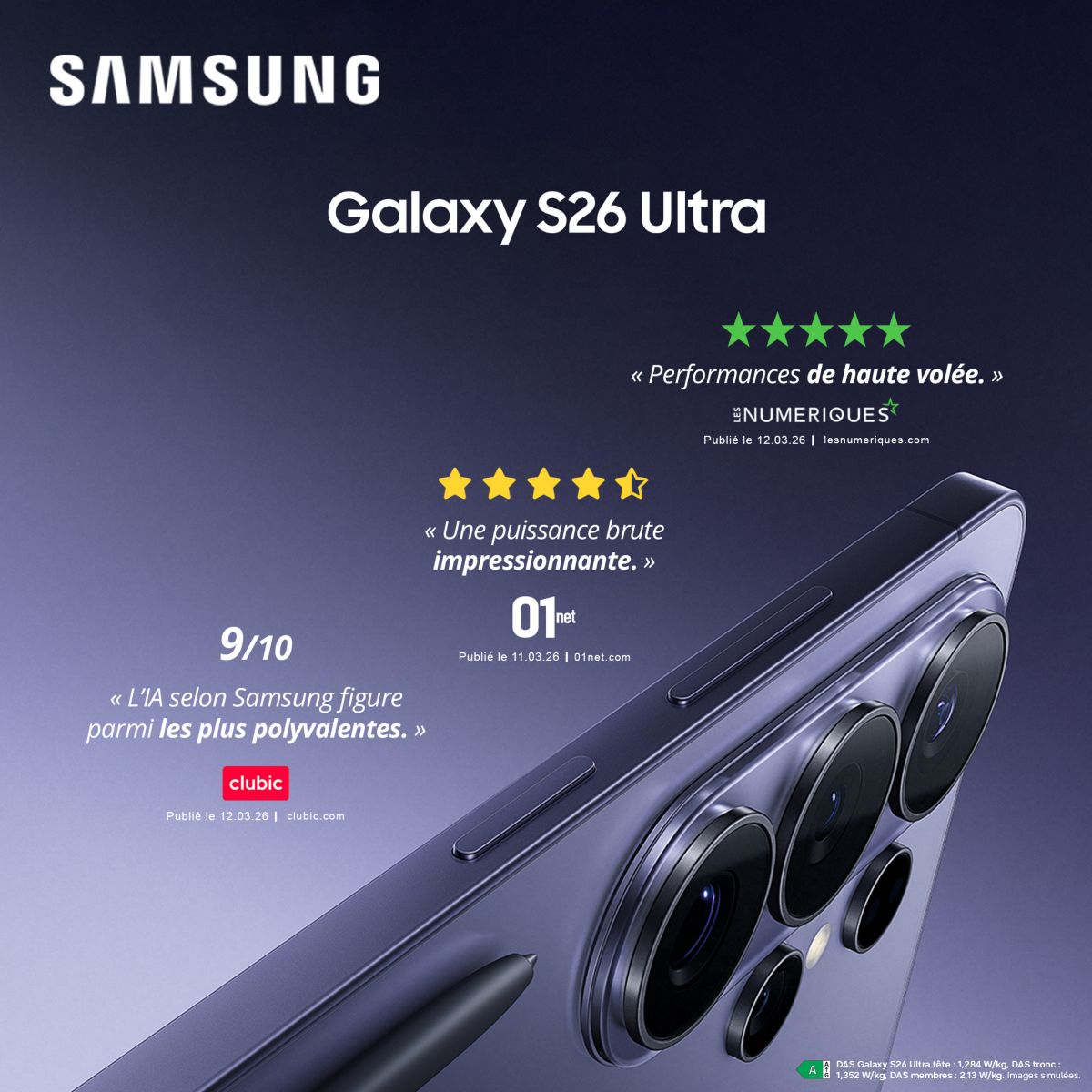 Smartphone Galaxy S26 Ultra Bleu 256Go couleur unique, SAMSUNG