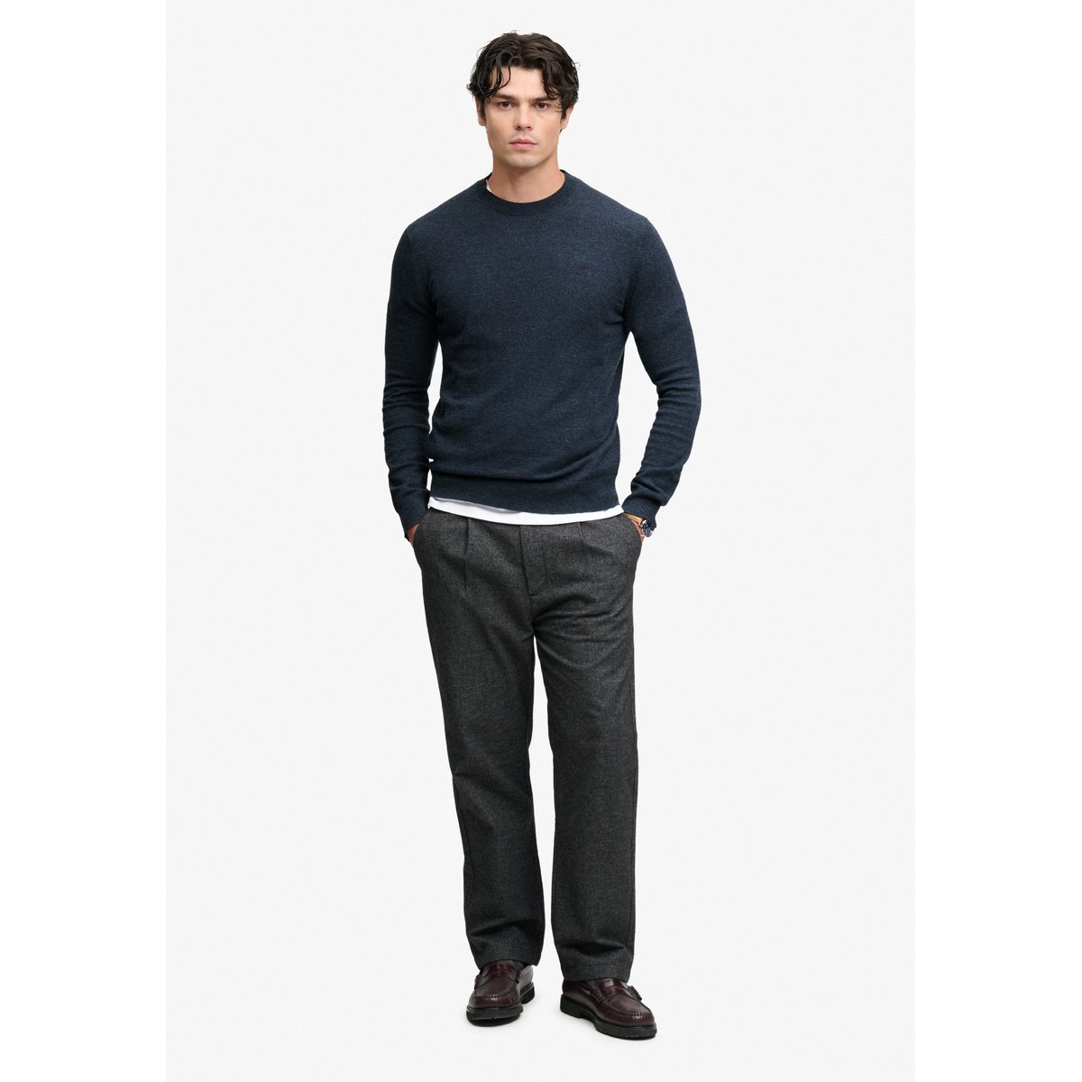 Pull Essentiel Léger en Laine Mélangée bleu marine chiné intense, SUPERDRY