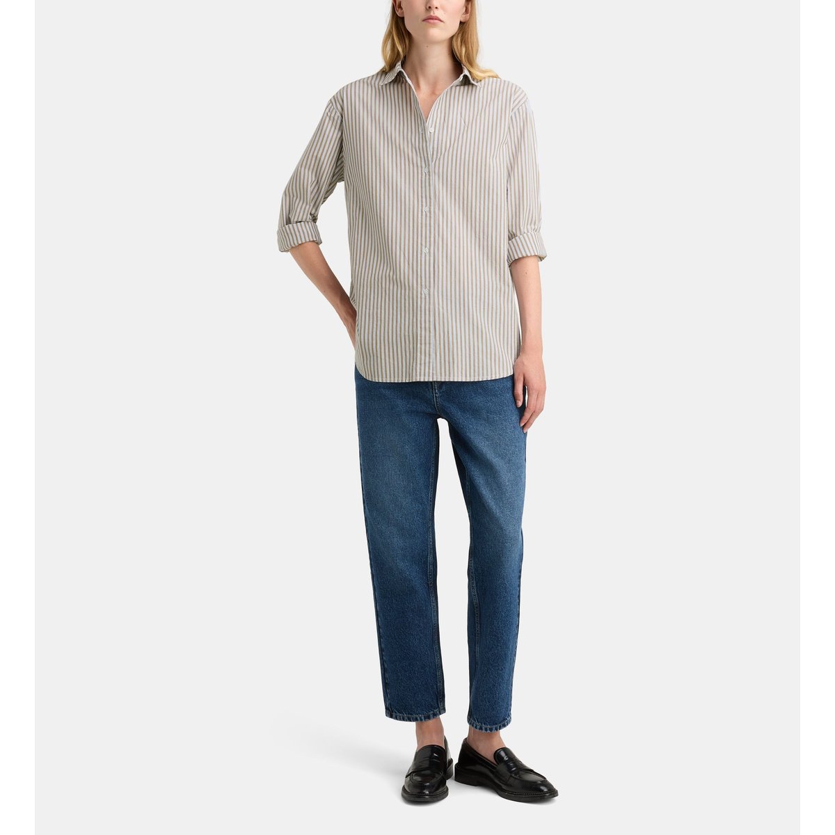 Chemise droite chelsea rayé coton kaki, GALERIES LAFAYETTE