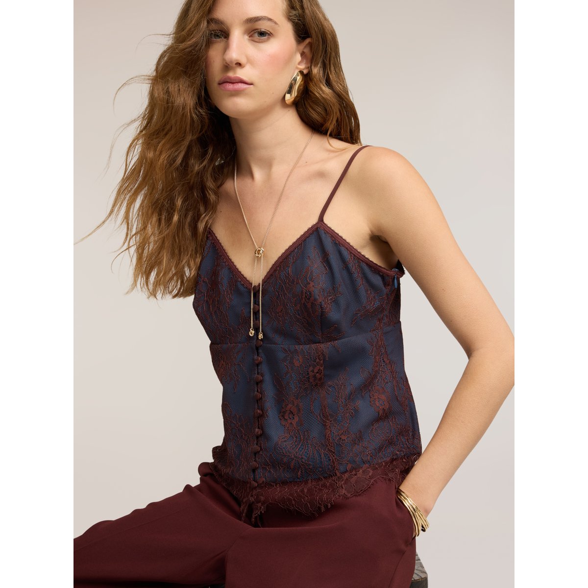 Top avec caraco et ourlet festonné bleu, MOTIVI