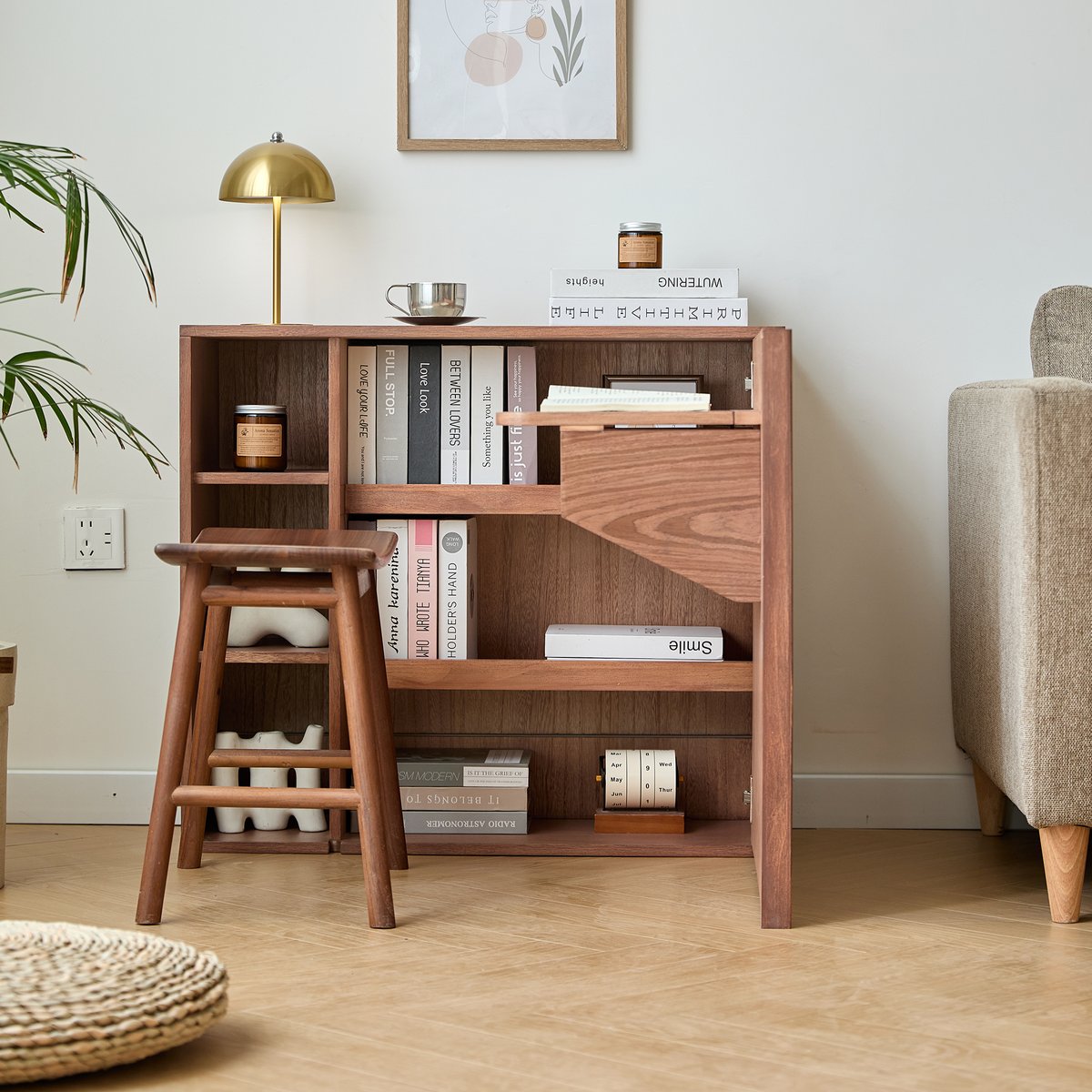 Meuble de rangement avec bureau tablette, bois de noyer et rotin, LAPENA marron, NORDLYS