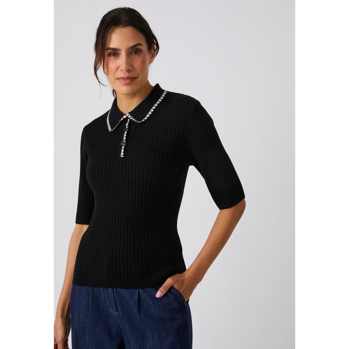 Pull col polo maille côtelée noir, DAMART