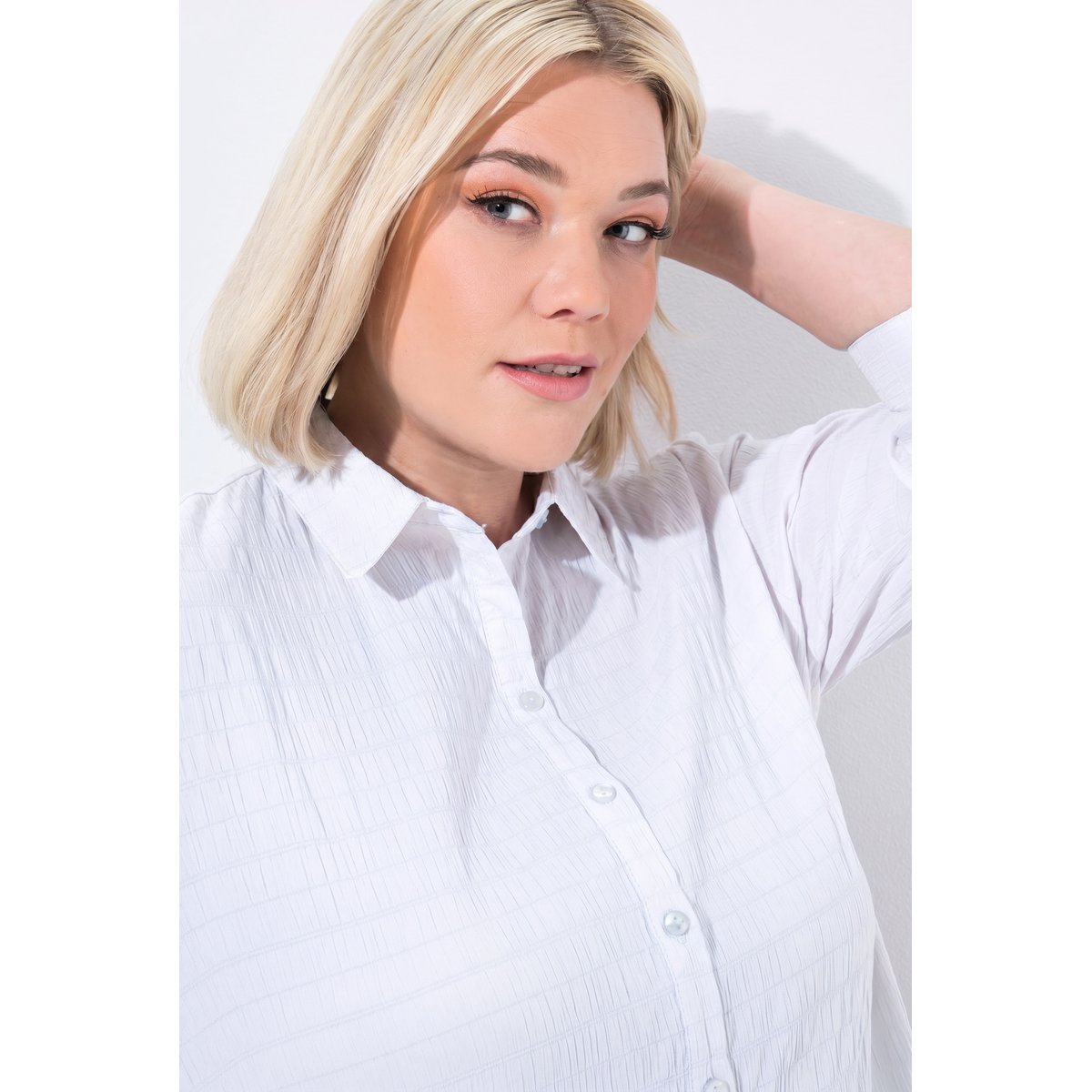 Chemisier, crépon, col chemise, manches 3/4 blanc neige, ULLA POPKEN