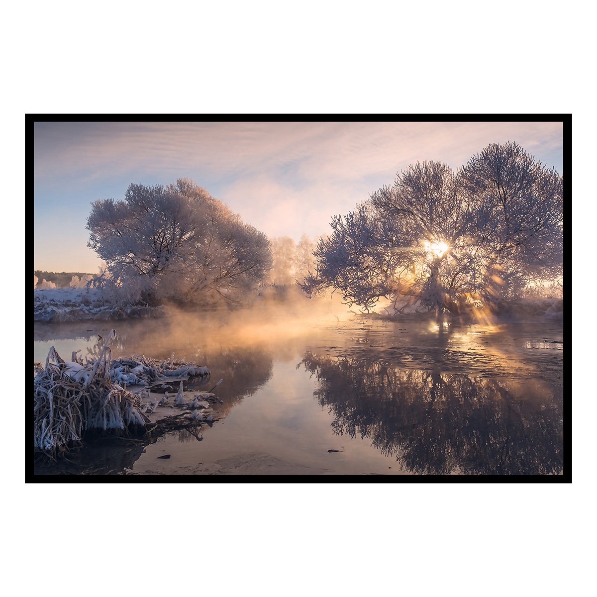 Affiche encadrée paysage hivernal rivière gelée affiche + cadre en métal - noir, HEXOA