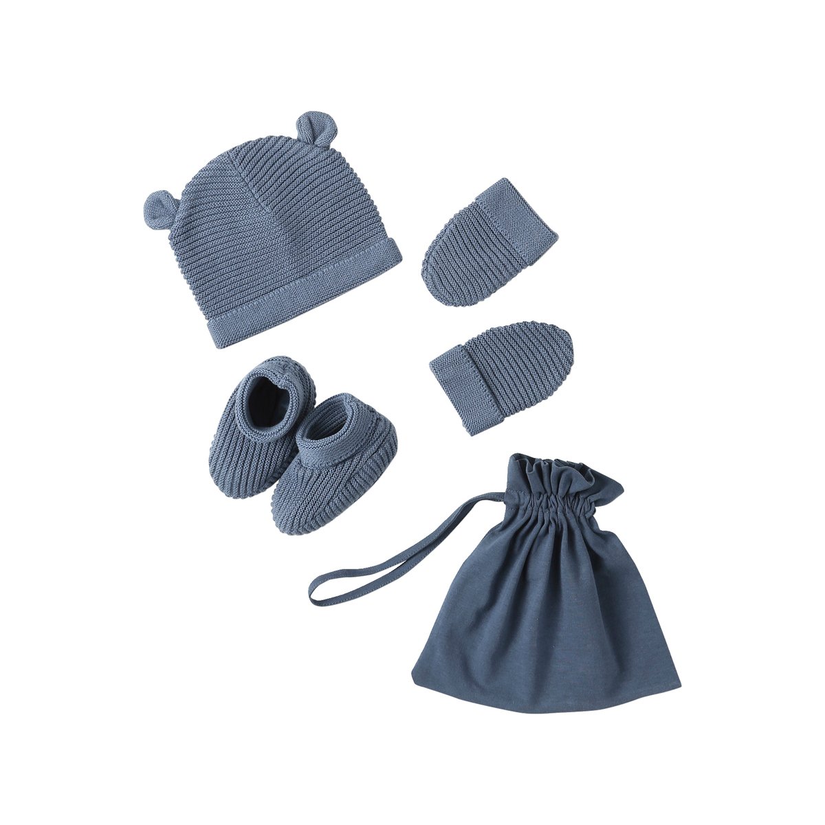 Ensemble bonnet, moufles et chaussons bébé naissance et son sac assorti bleu jean, VERTBAUDET